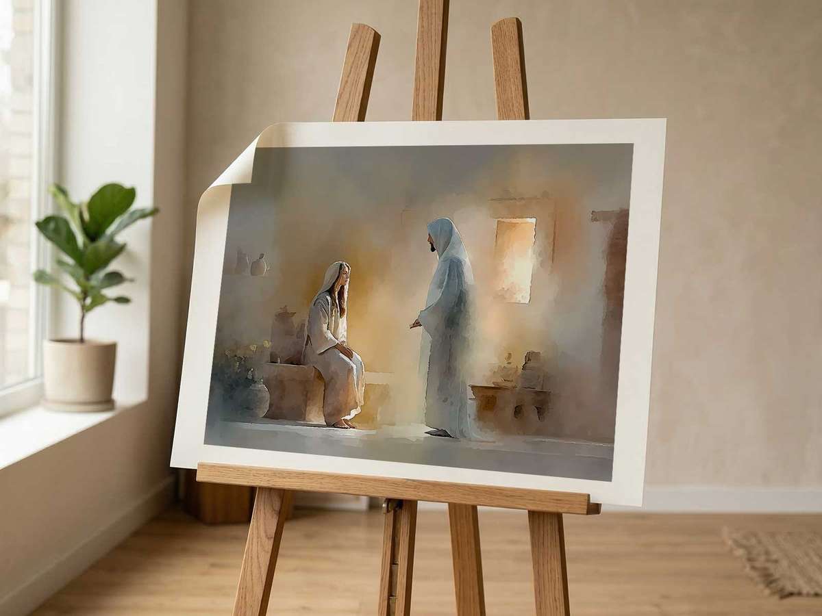 Curated gallery wall mixing family photos, small religious prints, and scripture cards in varied frames
