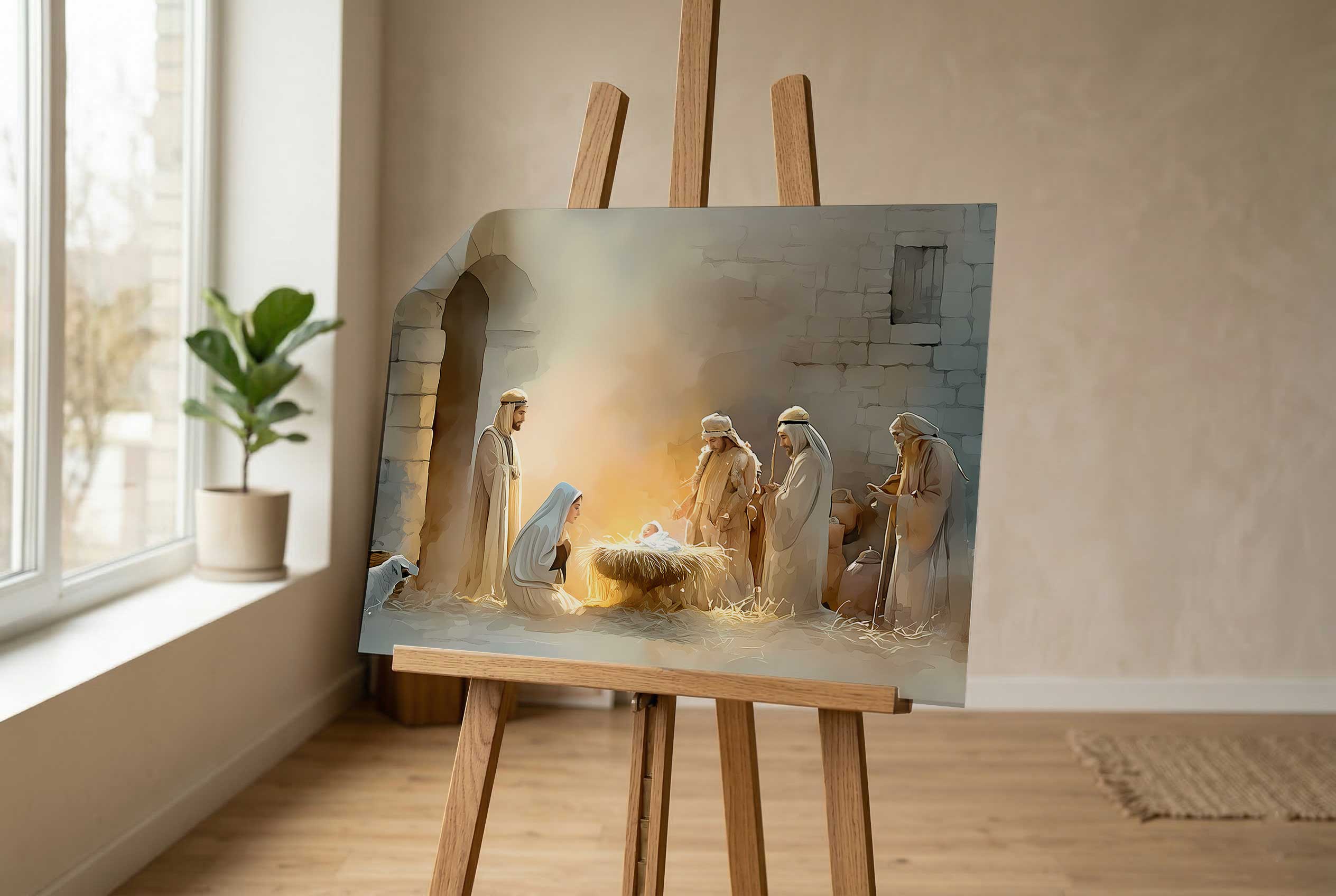Softly lit canvas of the Magi scene displayed in a calm, domestic interior to suggest peaceful presence and memory
