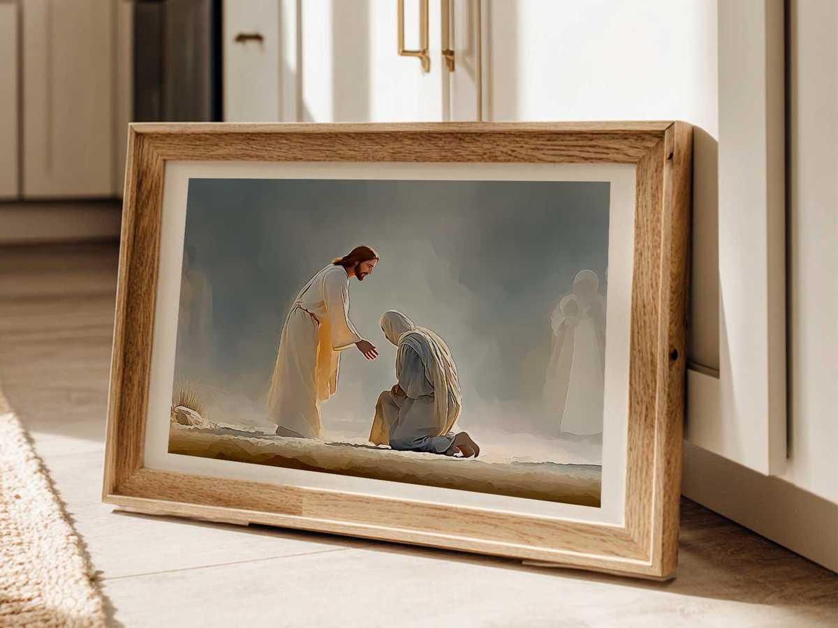 A gentle touch between Christ and the leper rendered in warm tones, suitable for bedroom display