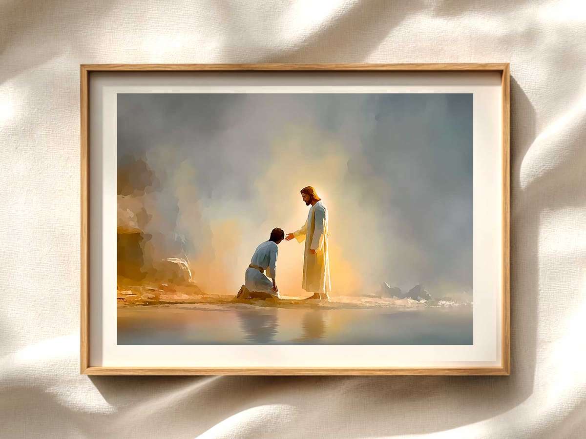 Christ standing firm beside the healed man, gesturing toward the departing demons with the surrounding landscape of the…