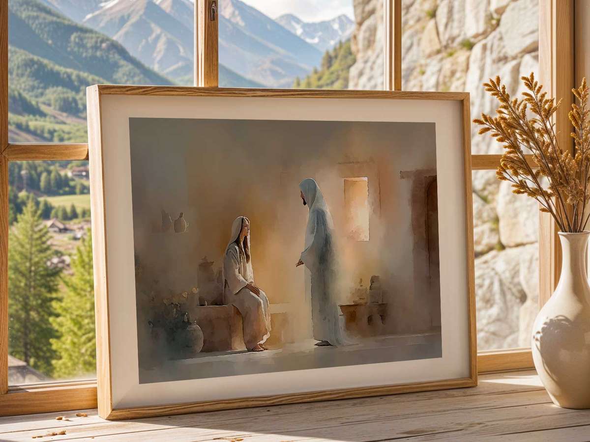 Faint halo and diffuse light in an old painting illuminating Mary and the angel