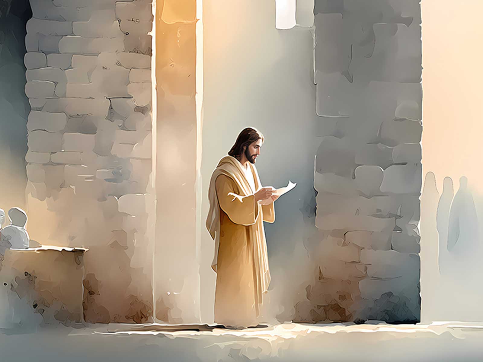 Minimal composition focusing on the hand of blessing, rendered with gentle lines to suggest presence without distraction