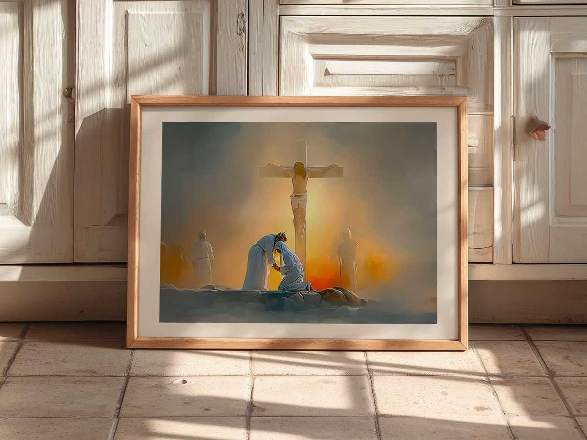 Delicate line study of Jesus’s hands and feet on the cross emphasizing humility and the tenderness of the sacrifice
