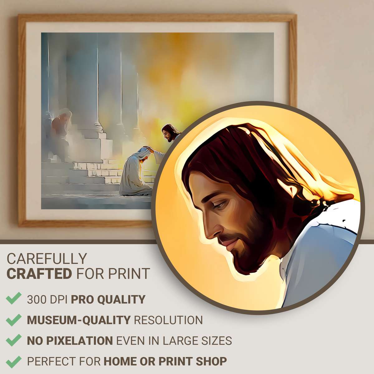 Warmly lit painting of a healed blind man opening his eyes as soft light enters a humble room, symbolizing spiritual…