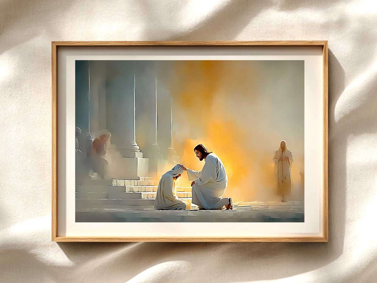 Warmly lit painting of a healed blind man opening his eyes as soft light enters a humble room, symbolizing spiritual…