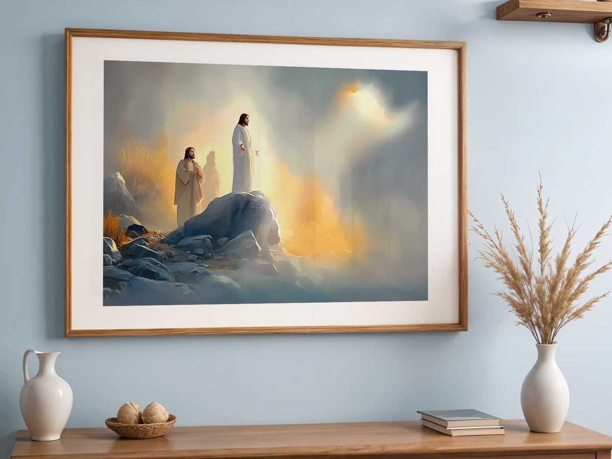 Soft celestial colors and a heavenly aura surrounding Christ to convey transcendence