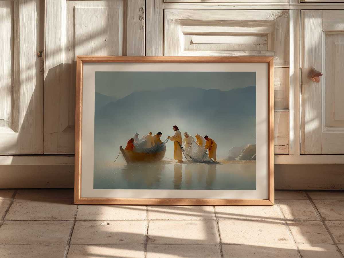 Framed panel of the miraculous catch displayed above a simple mantel in a calm Christian living space