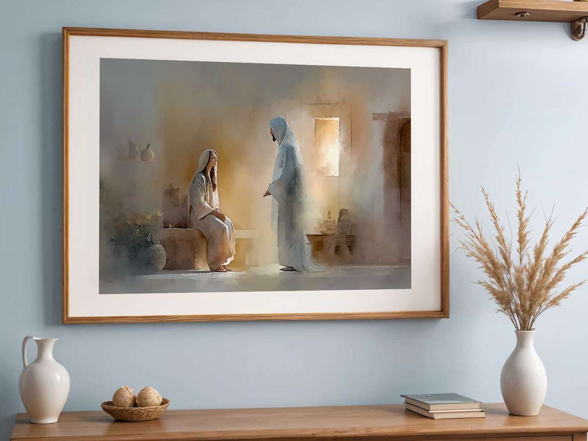 Domestic interior scene of the Annunciation with household details rendered in aged pigments