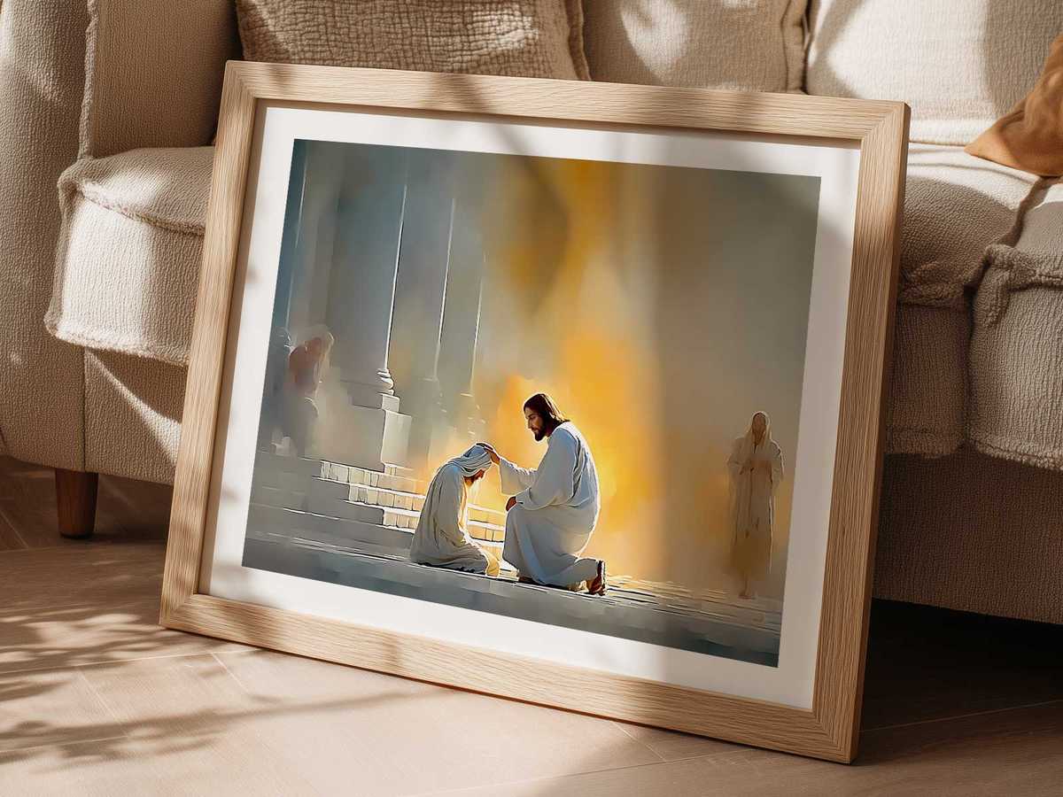 Close, intimate scene of Jesus and the healed person conversing in a quiet room bathed in gentle light