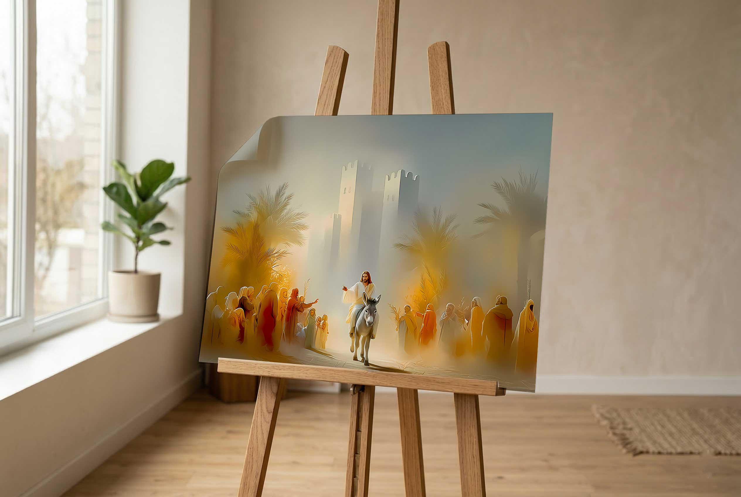 Jesus riding a donkey into Jerusalem while followers spread cloaks and palm branches along the road