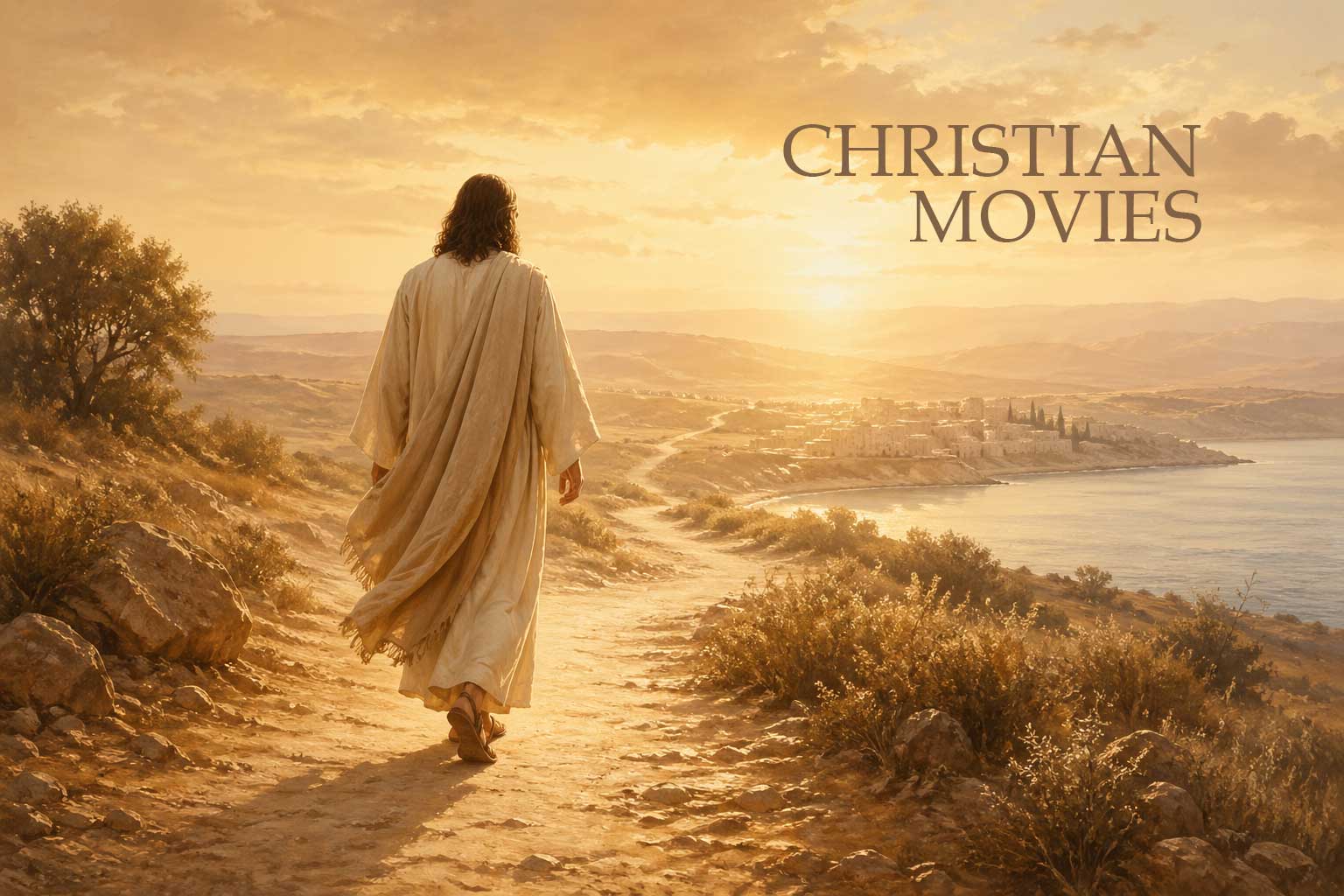 Wide shot of a cinematic portrayal of Jesus walking among a crowd with sweeping desert landscapes and dramatic lighting
