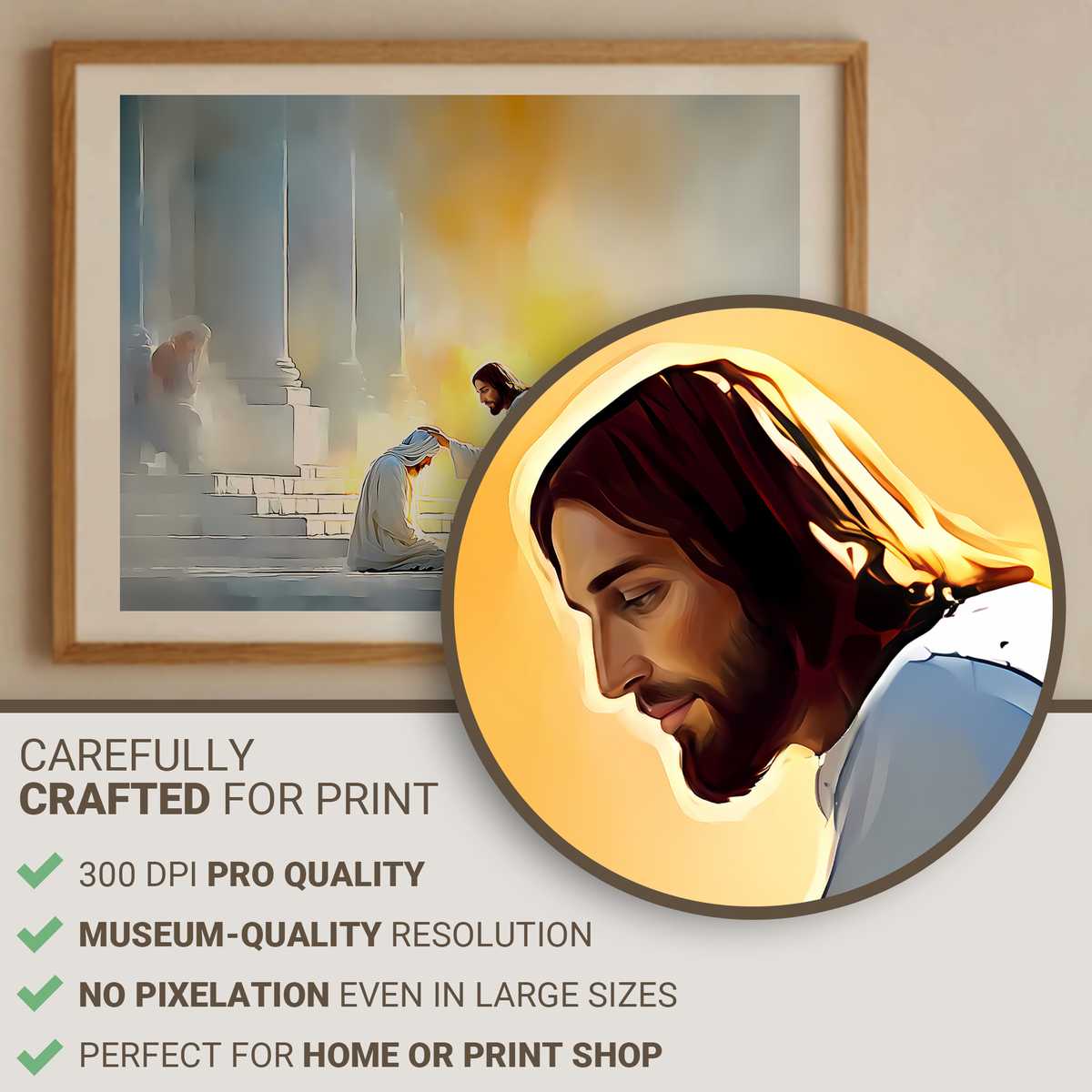 Painting of Jesus gently touching a blind man's eyes with a soft halo of light beginning to appear