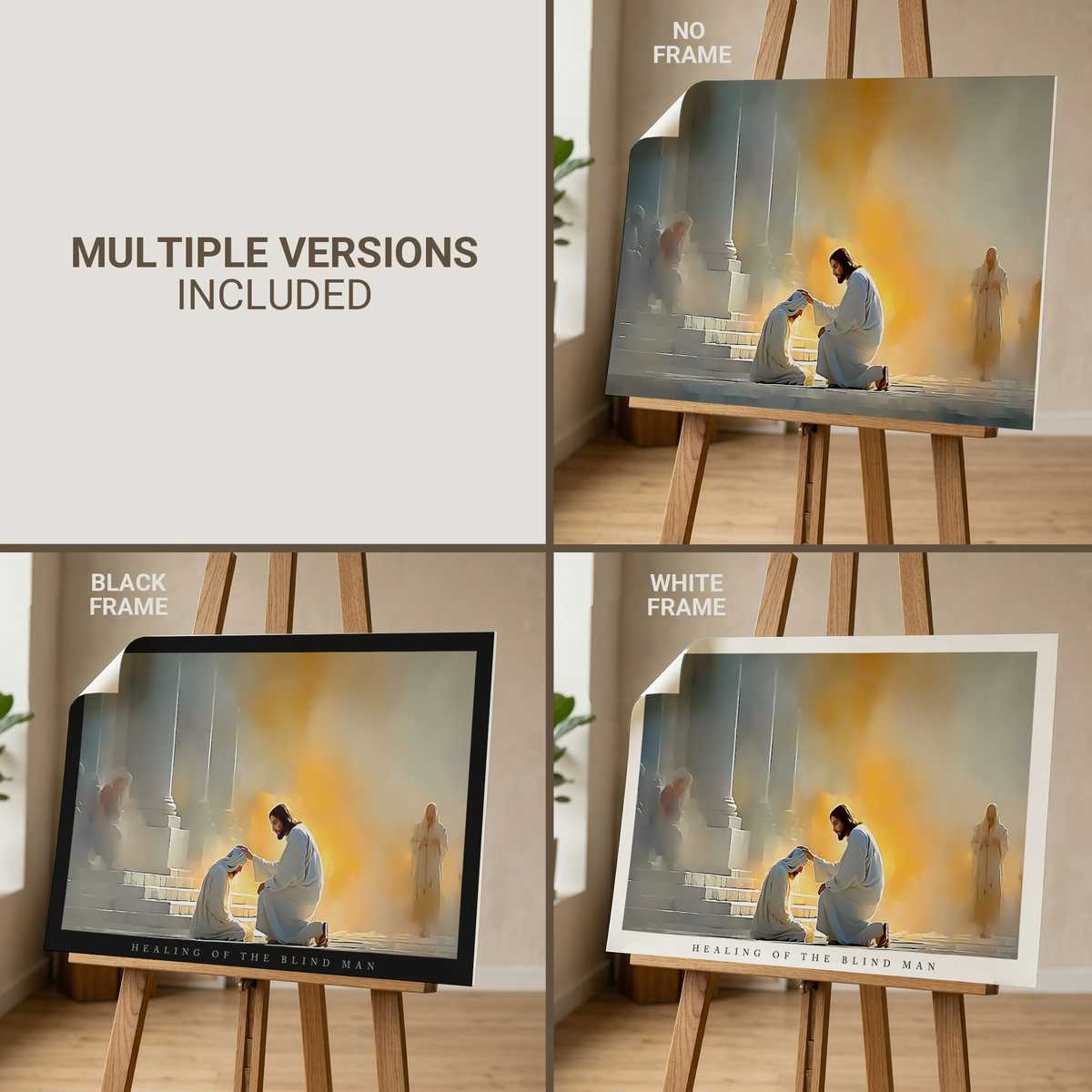 Painting of Jesus gently touching a blind man's eyes with a soft halo of light beginning to appear