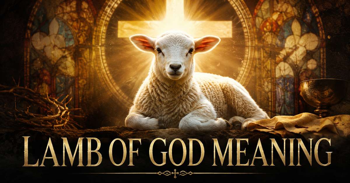 Stained glass window depicting the Lamb of God holding a banner over a radiant background