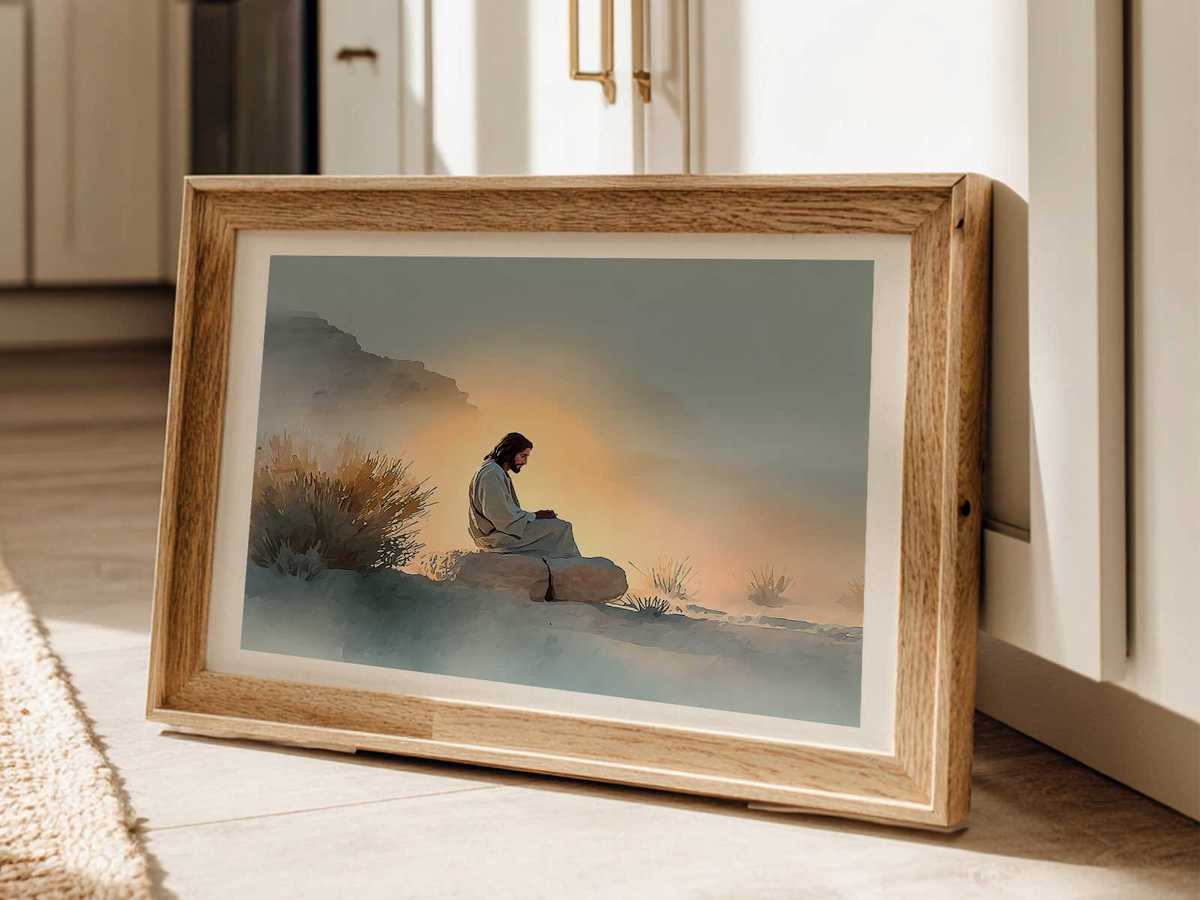 Warm lamp casting light on an open Bible and small cross on a prayer table, creating a focused devotional scene