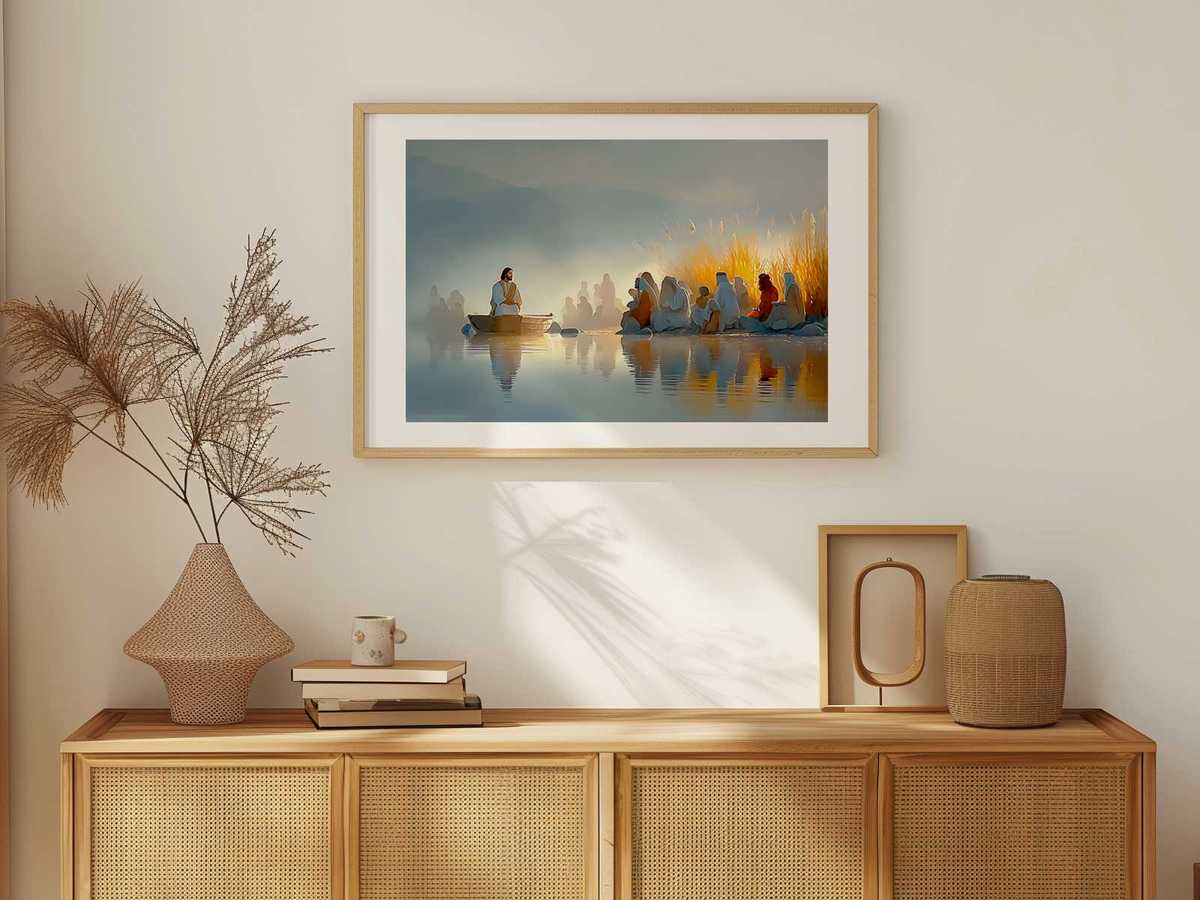 Contemporary wall art of a lamp on a stand with a scripture line about letting light be seen