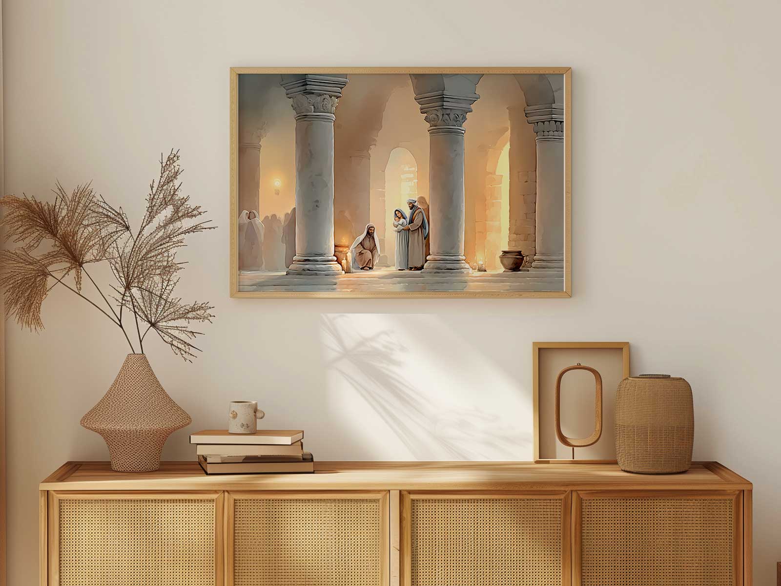 A framed image of the Christ child in the Temple displayed by lamplight on a simple home mantel for quiet devotion