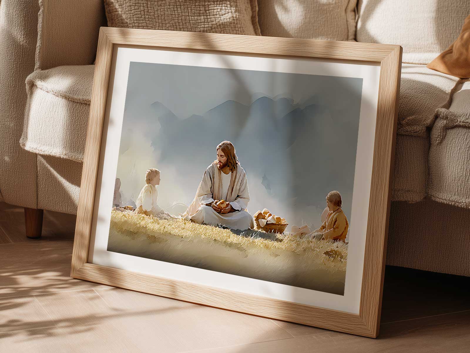 Minimalist loaves and fishes illustration with the caption 'They all ate and were satisfied' (Mark 6:42) on a soft beige…