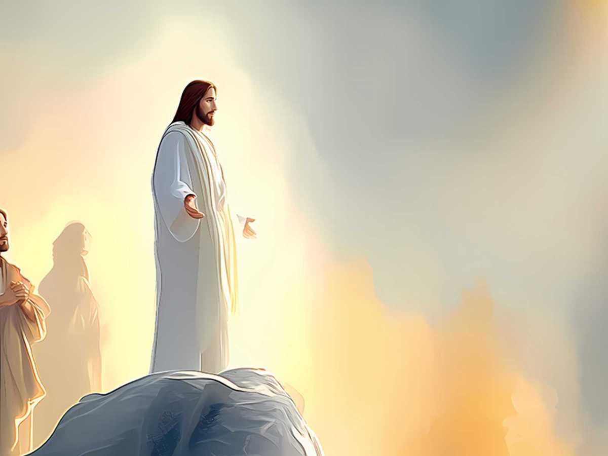 Wide view of the mountaintop scene showing Christ elevated as disciples listen in awe
