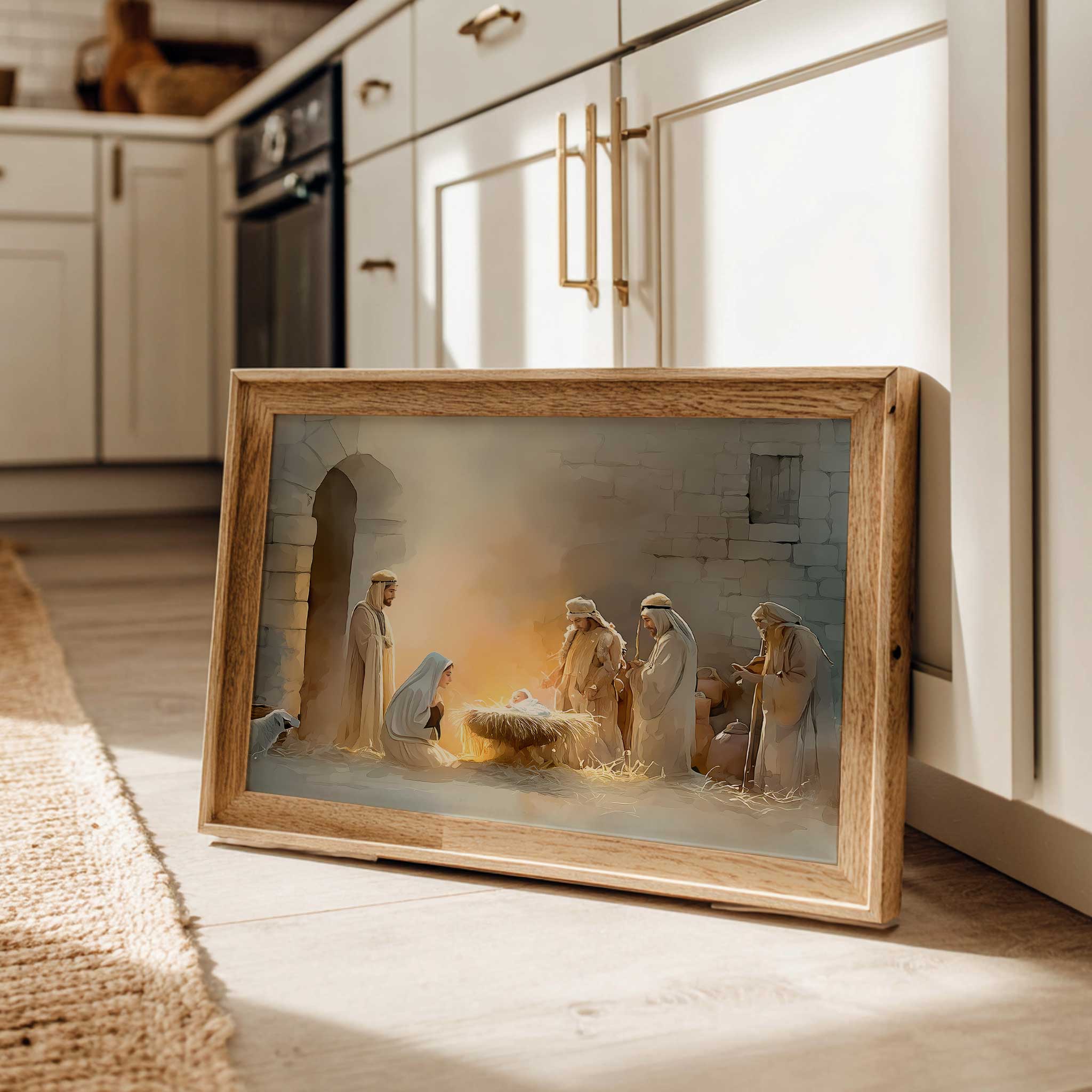 Three Magi presenting gifts before the Christ child on a large classical canvas hung above a mantel in a peaceful living room