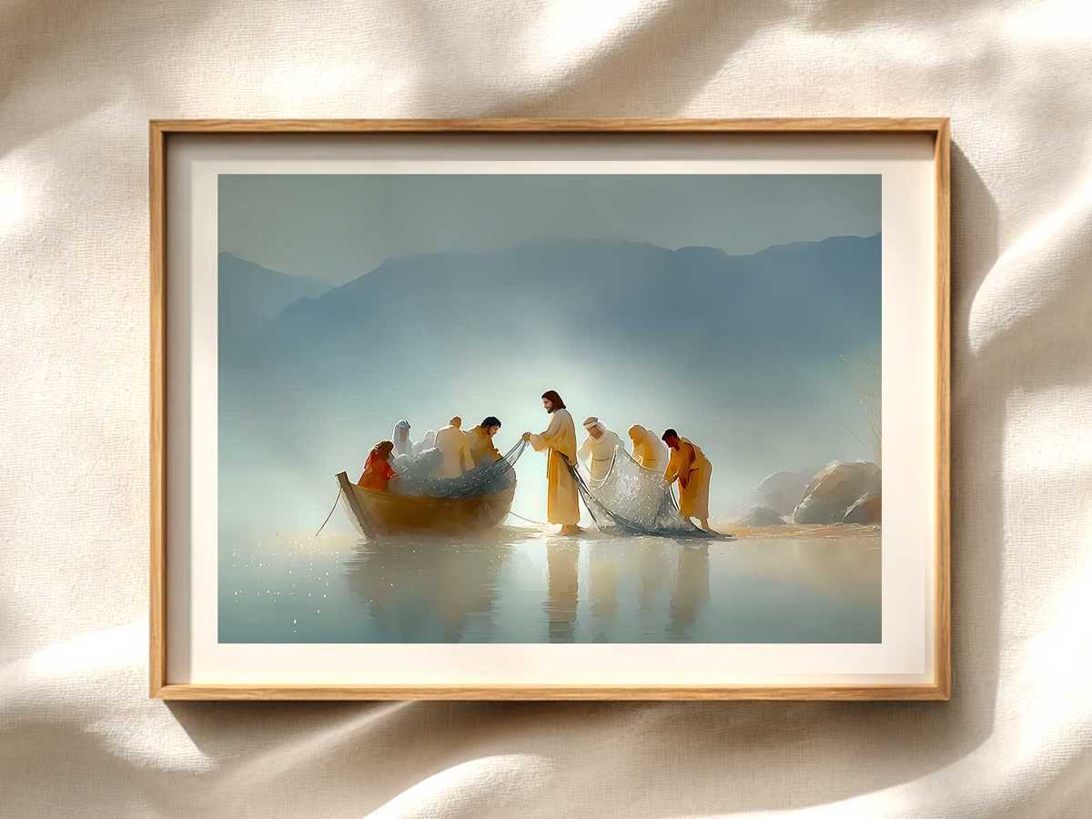 Miraculous Catch Silhouette in Dawn Light Christian wall art displayed as a peaceful framed print