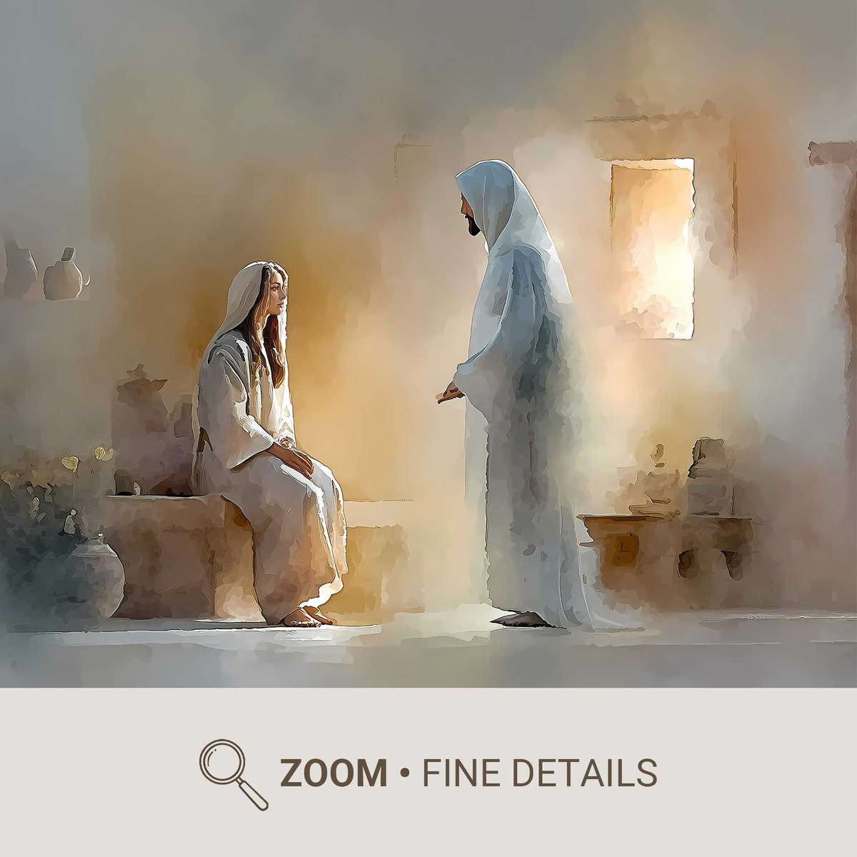 Mary seated by a window with soft indoor light, reflecting on the news of the Incarnation