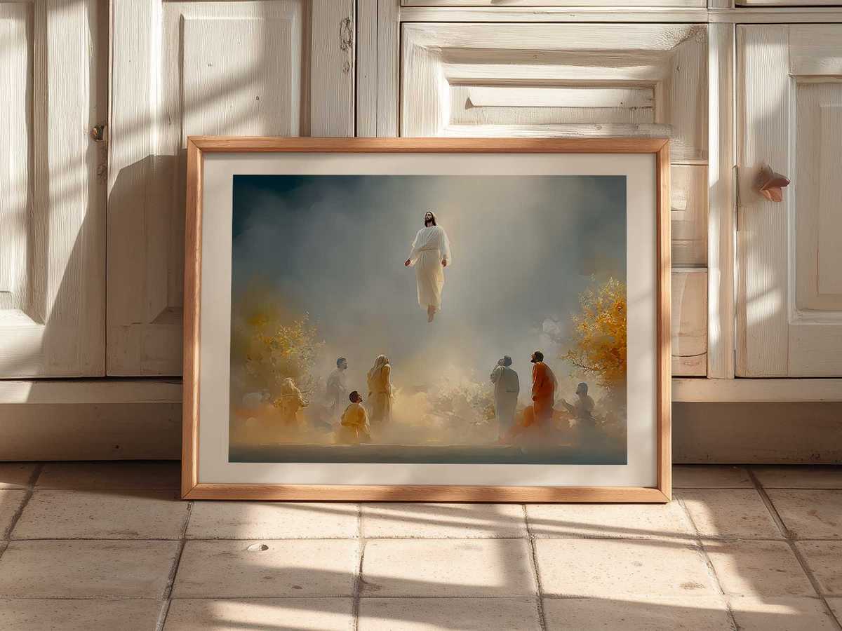Minimalist silhouette of Christ rising with simple light accents, designed for quiet devotional spaces