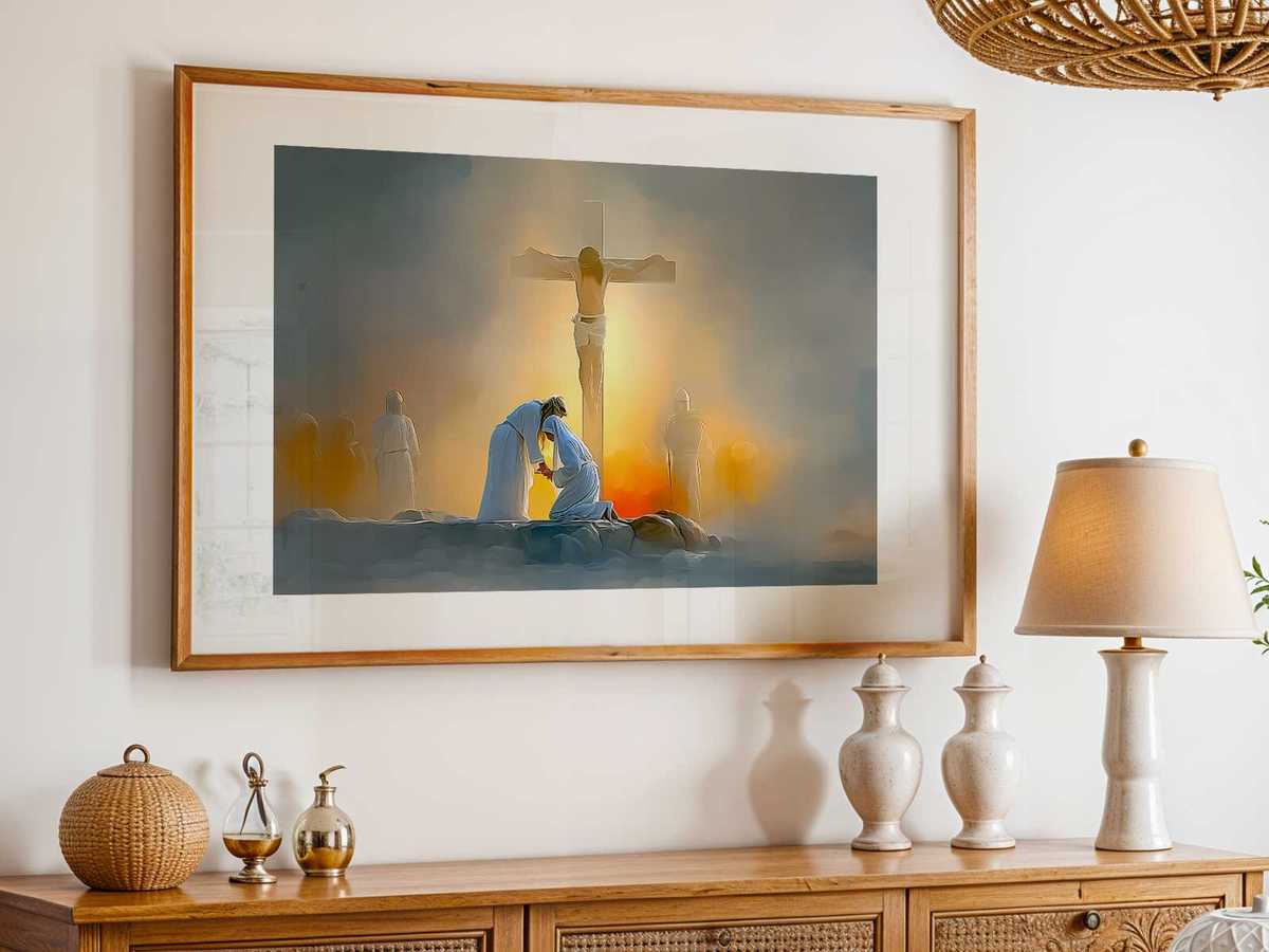 Minimalist cross with the faint outline of Jesus, set against an empty background to emphasize contemplative silence
