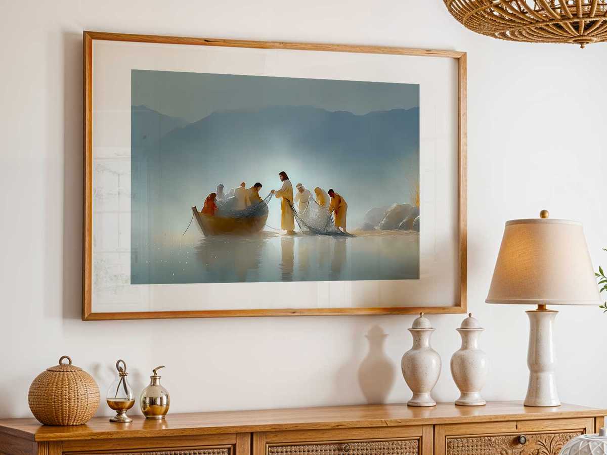 Minimalist composition featuring a coiled fishing net and a single fish on a neutral background