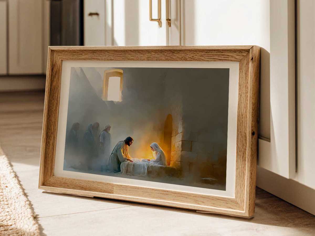 Minimalist, iconic portrayal of the resurrection moment suitable for modern Christian interiors