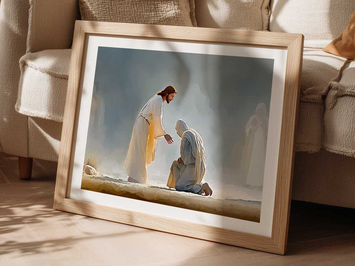 Minimalist line drawing of Christ lifting the leper, offering a simple visual anchor for modern interiors