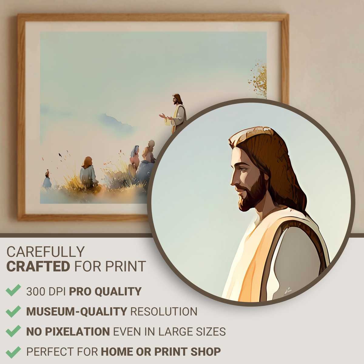 Minimalist framed wall art featuring Matthew 5:14 in soft neutral tones above a wooden console