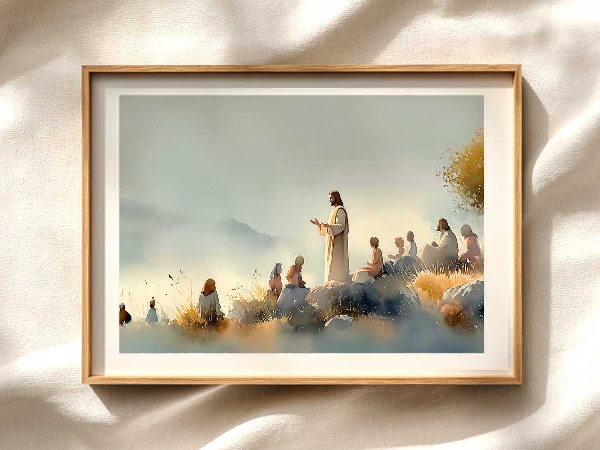 Minimalist framed wall art featuring Matthew 5:14 in soft neutral tones above a wooden console
