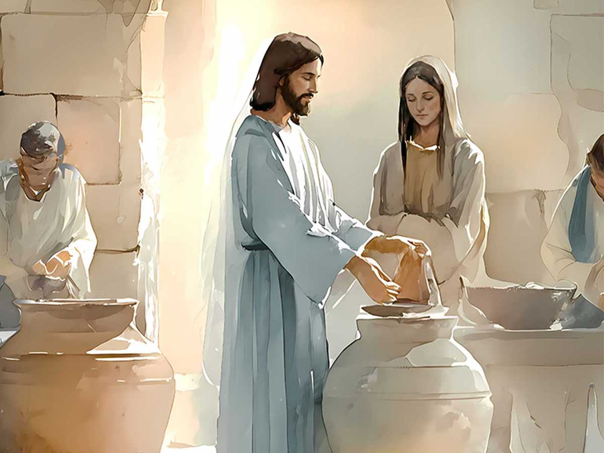 Close view of Jesus and Mary conversing at the Cana feast, their expressions conveying quiet purpose and intimate trust