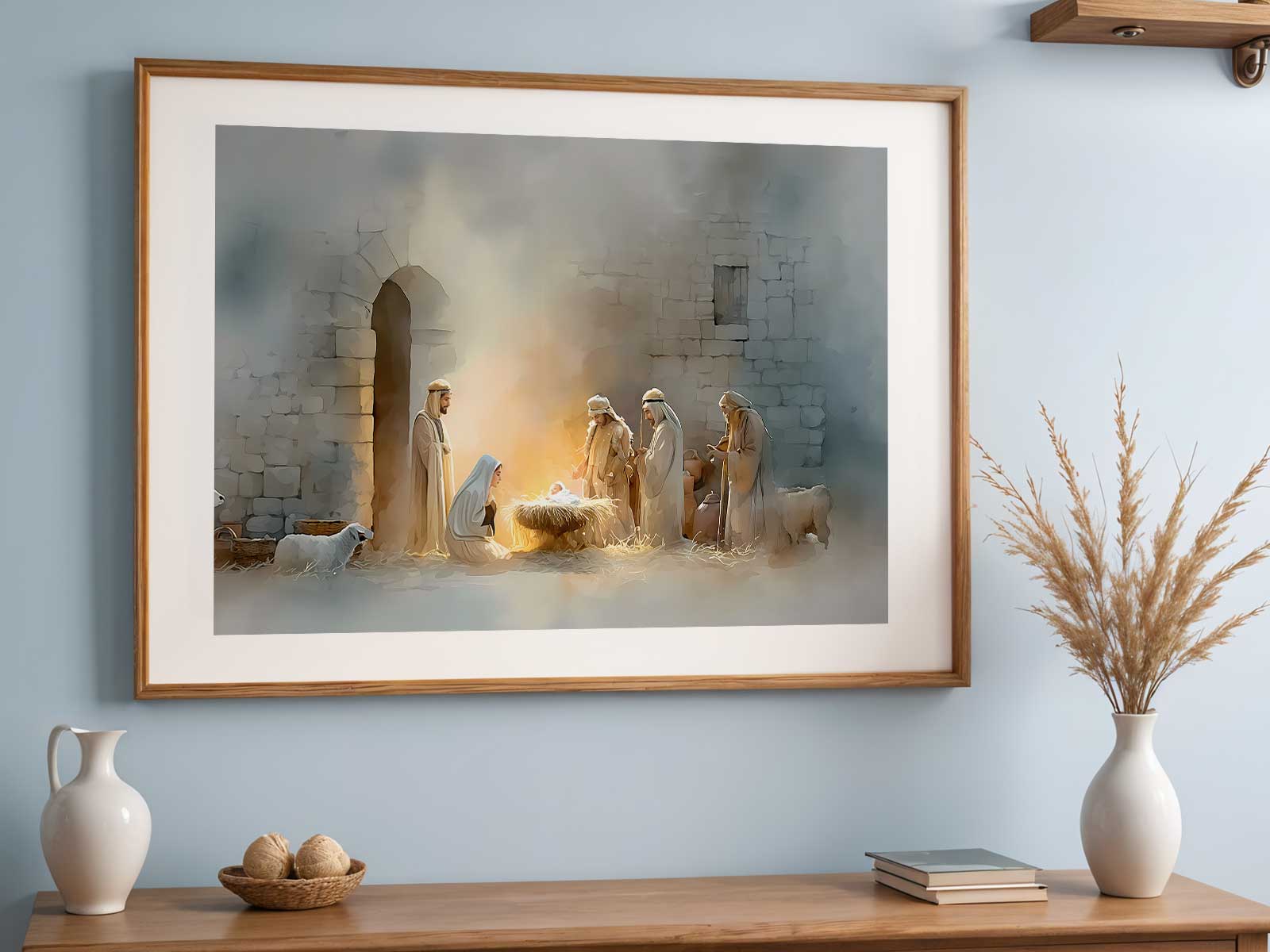 Panoramic canvas composition of the adoration of the Magi filling a living room wall with calm, traditional iconography