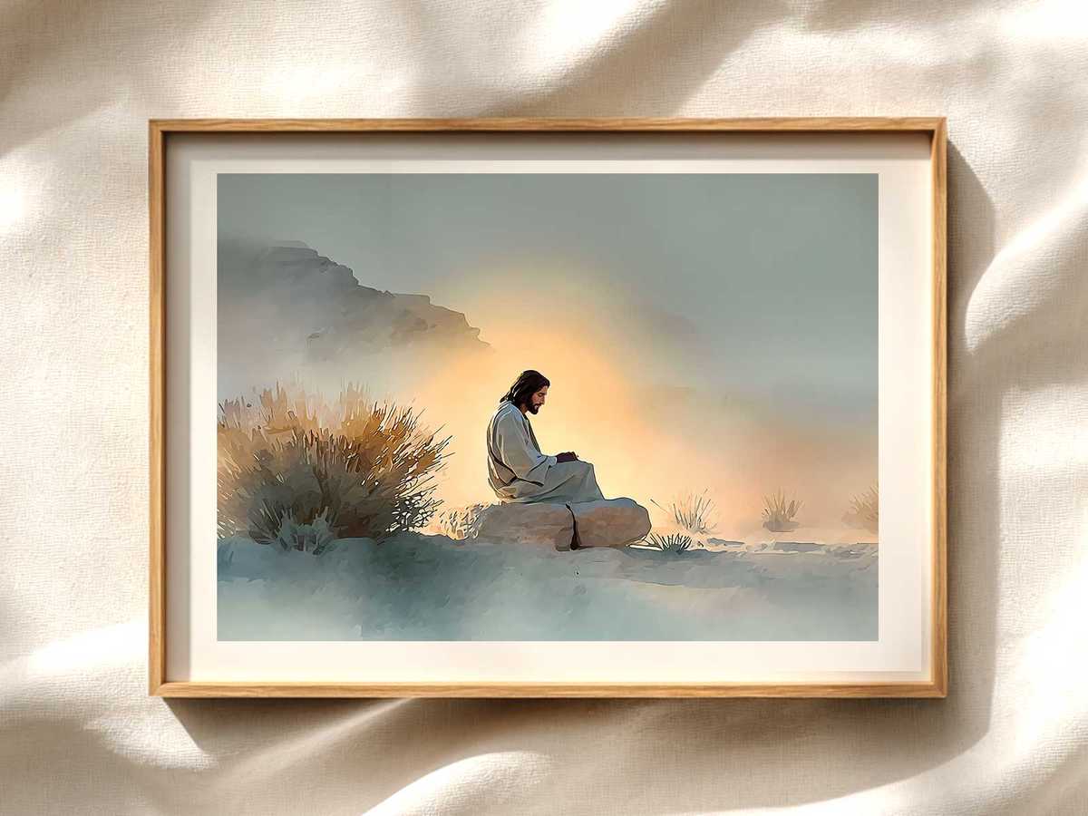 Jesus in the Desert: Minimal Silhouette for Prayer Christian wall art displayed as a peaceful framed print