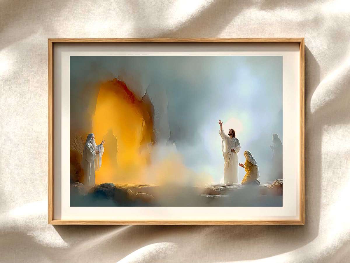 Raising of Lazarus Large Canvas — Central Moment Christian wall art displayed as a peaceful framed print