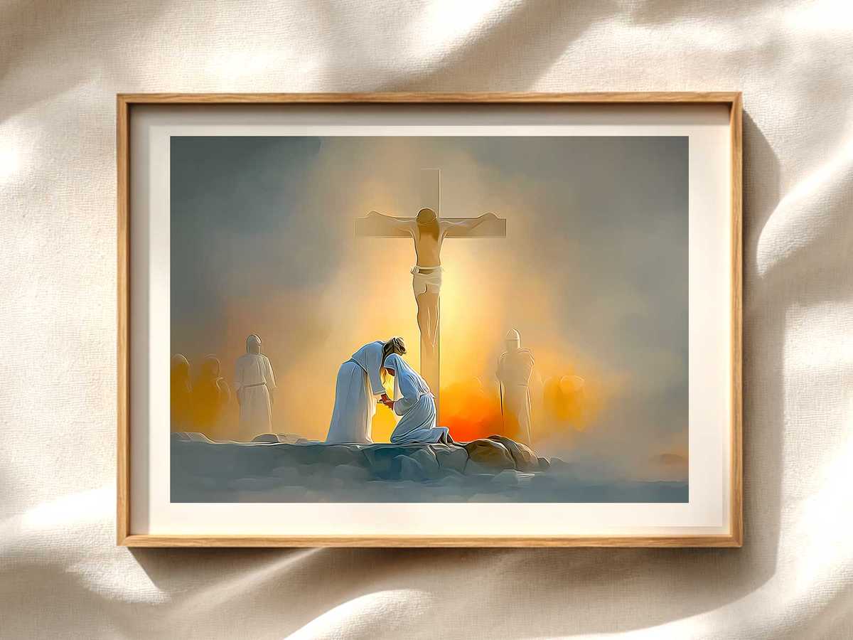 Simple Line Crucifixion — Frontal Contemplation Christian wall art displayed as a peaceful framed print