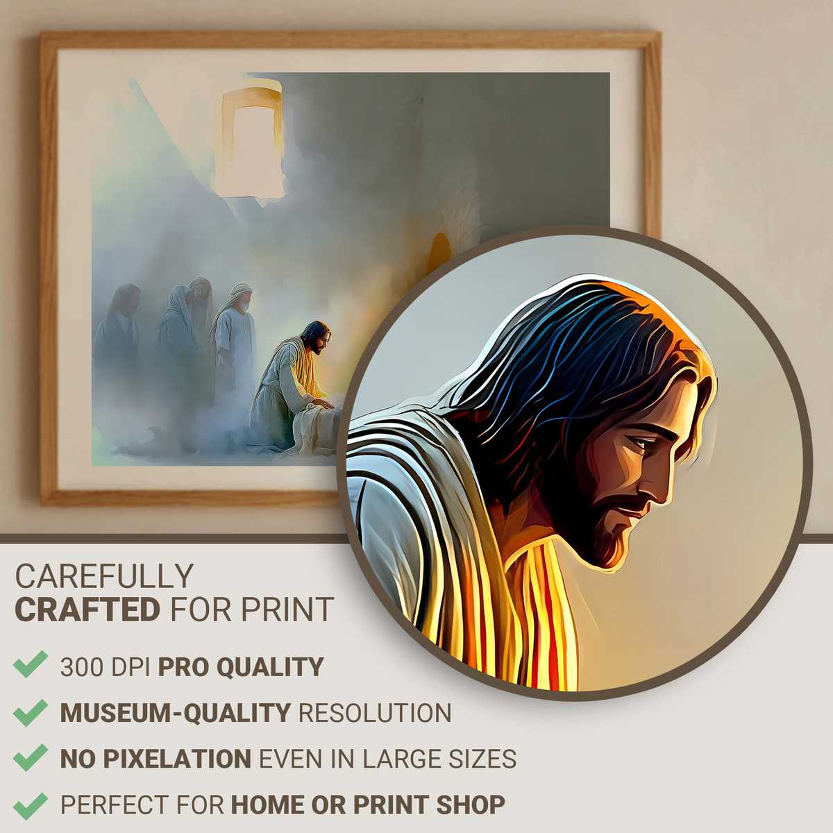 Jesus gently reaching out to Jairus’ daughter as light surrounds them, showing compassion and authority