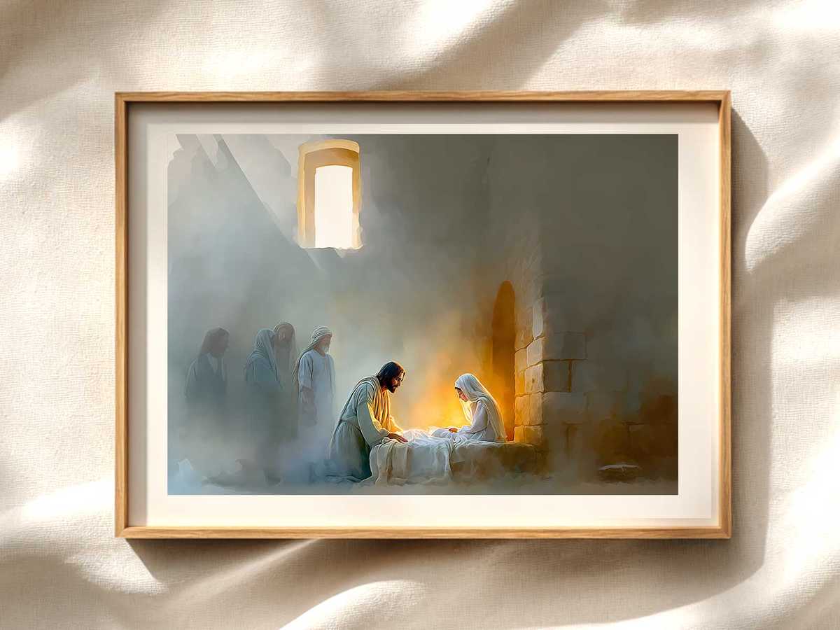 Jesus gently reaching out to Jairus’ daughter as light surrounds them, showing compassion and authority