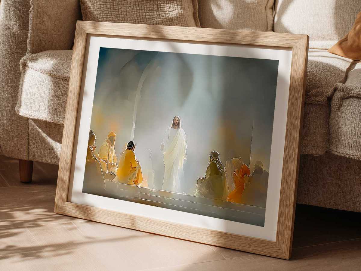 The Resurrected Christ blessing his disciples with a gesture of peace, faces showing relief and calm