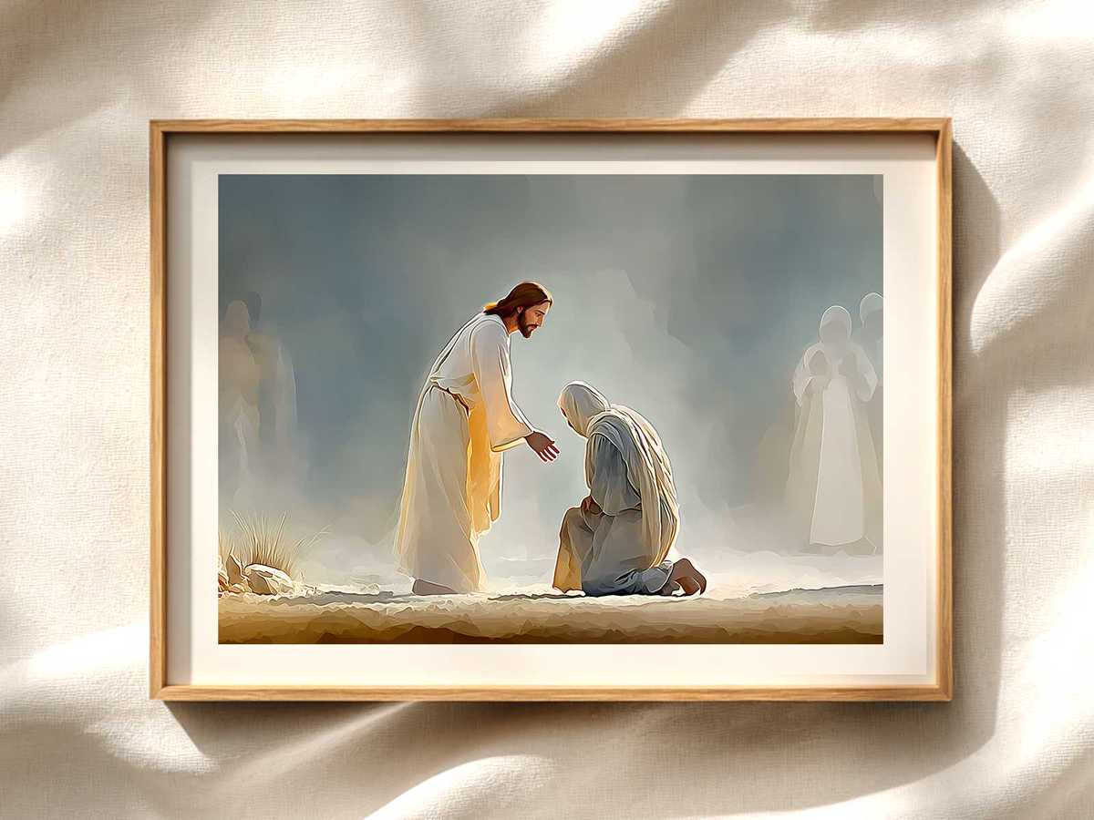 Close-up of Christ's outstretched hand reaching toward a healed leper in a soft domestic light