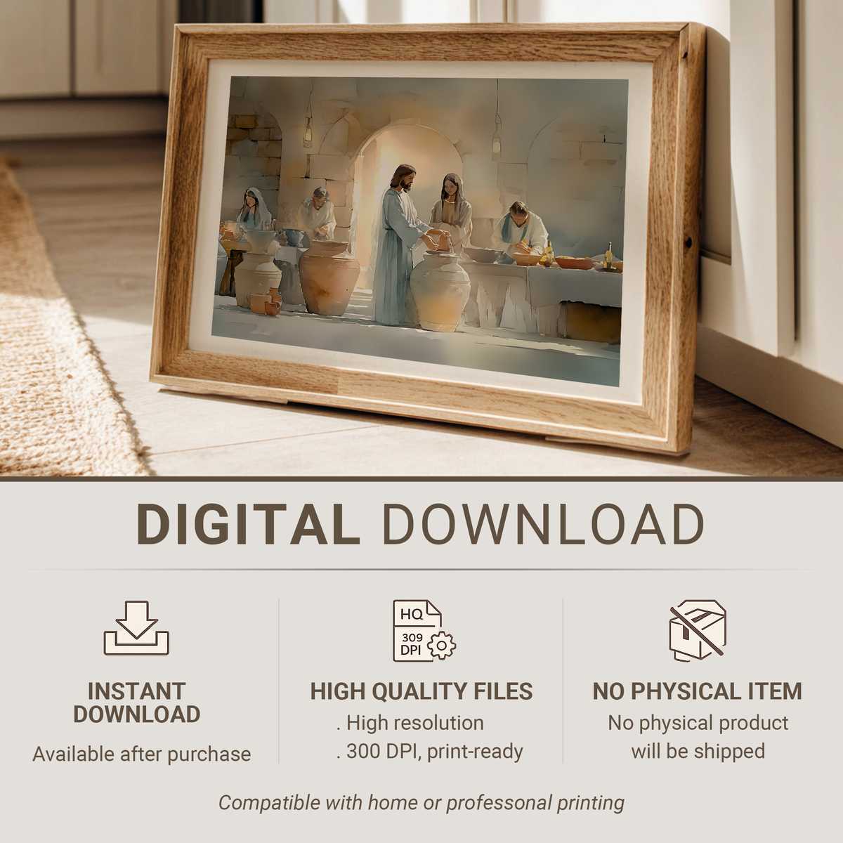 Painterly depiction of the Wedding at Cana showing Christ speaking beside the bride and groom as attendants carry jars in…