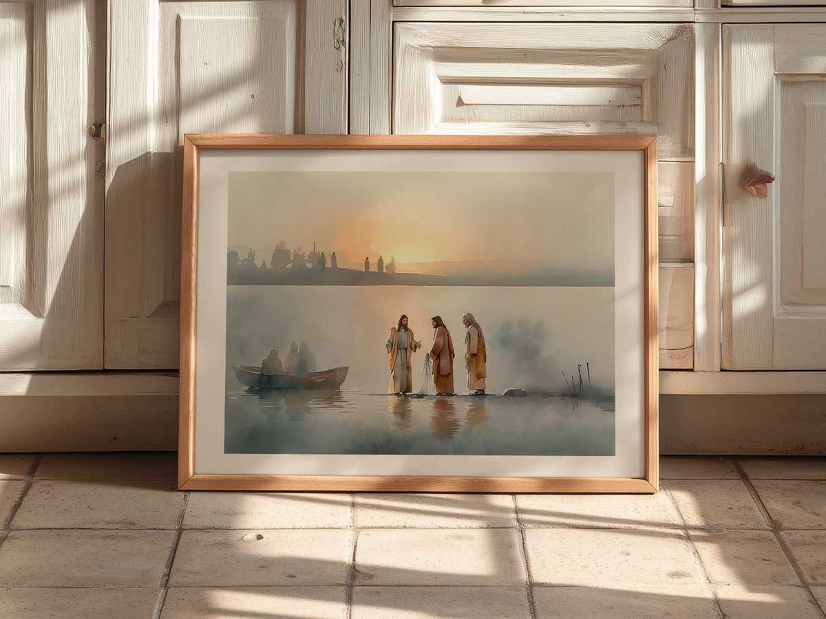 Jesus standing at the shore calling fishermen, soft dawn light and gentle waves