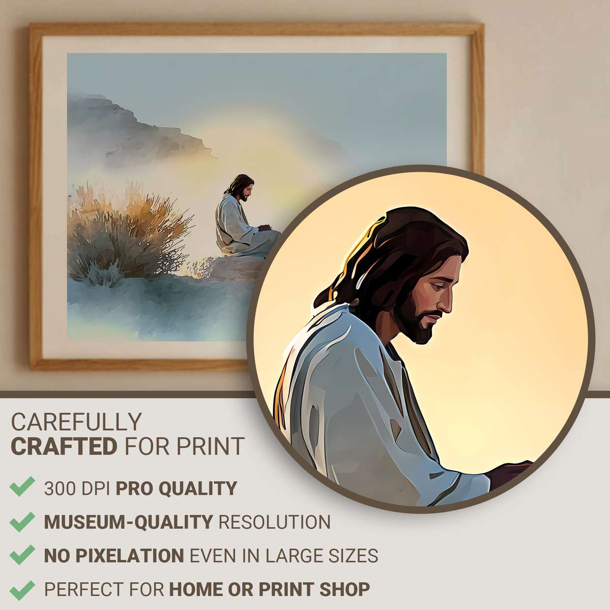 Minimal line drawing of Jesus as a lone silhouette in the desert, head bowed in quiet prayer