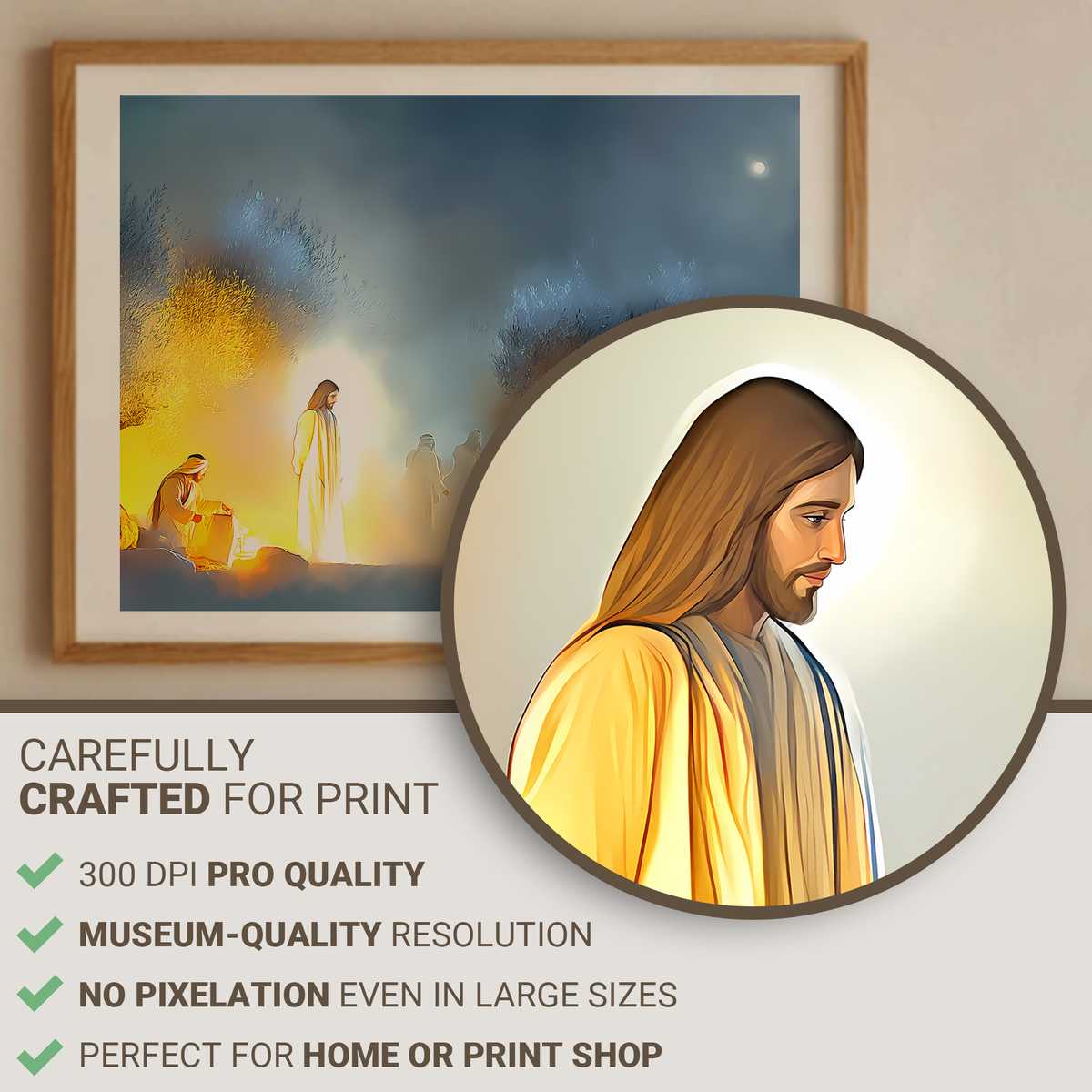 Minimal line drawing of Jesus at the moment of arrest, face calm and eyes lowered, hands gently bound