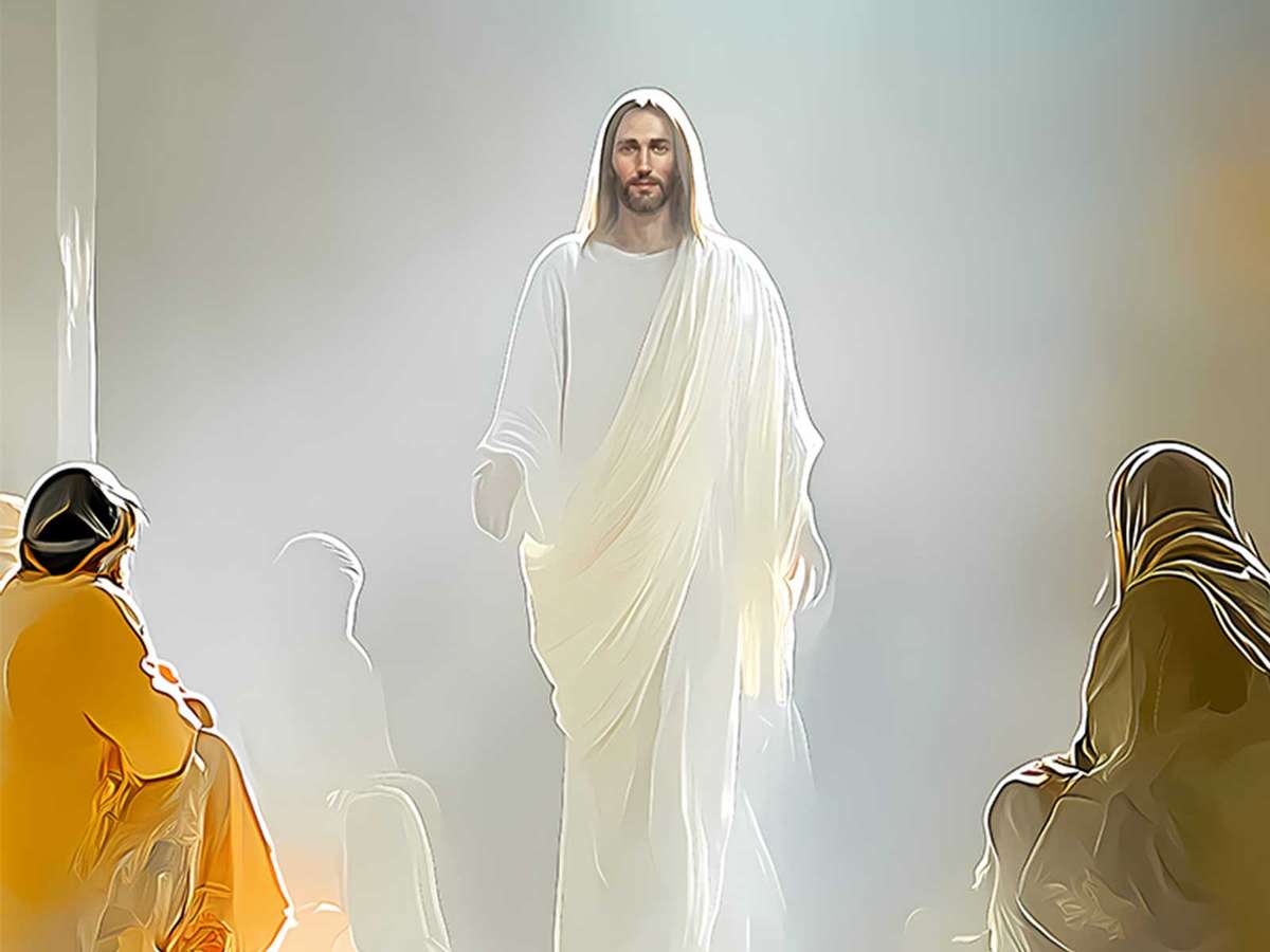 The Resurrected Christ standing in a simple room with disciples gathered, evoking peace and intimacy