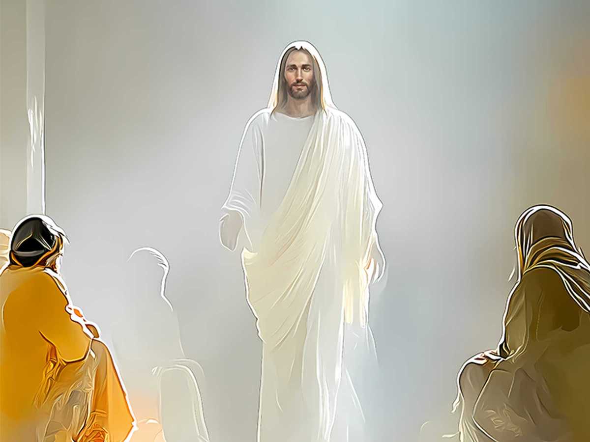 The Resurrected Christ standing in a simple room with disciples gathered, evoking peace and intimacy