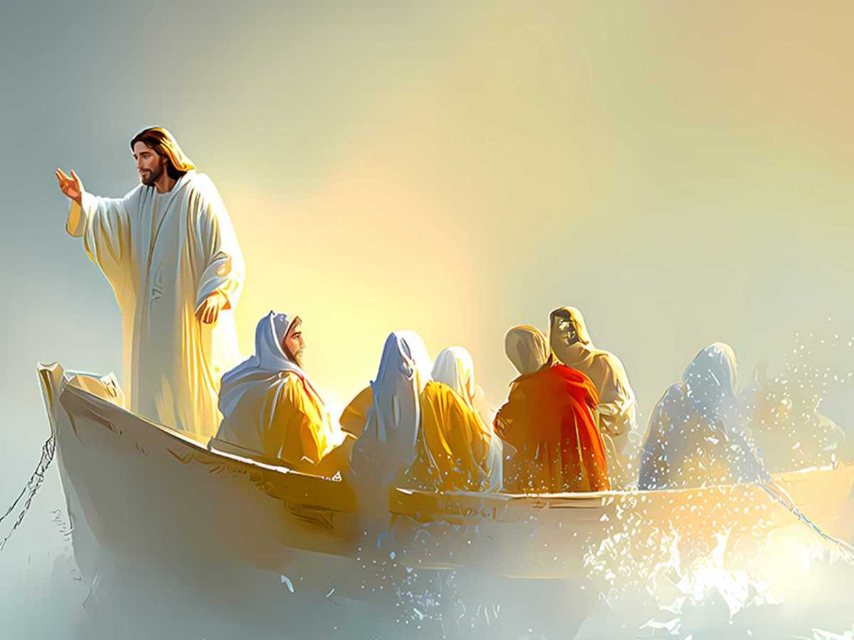 Close portrait of Jesus with a serene expression raising his hand to hush the storm