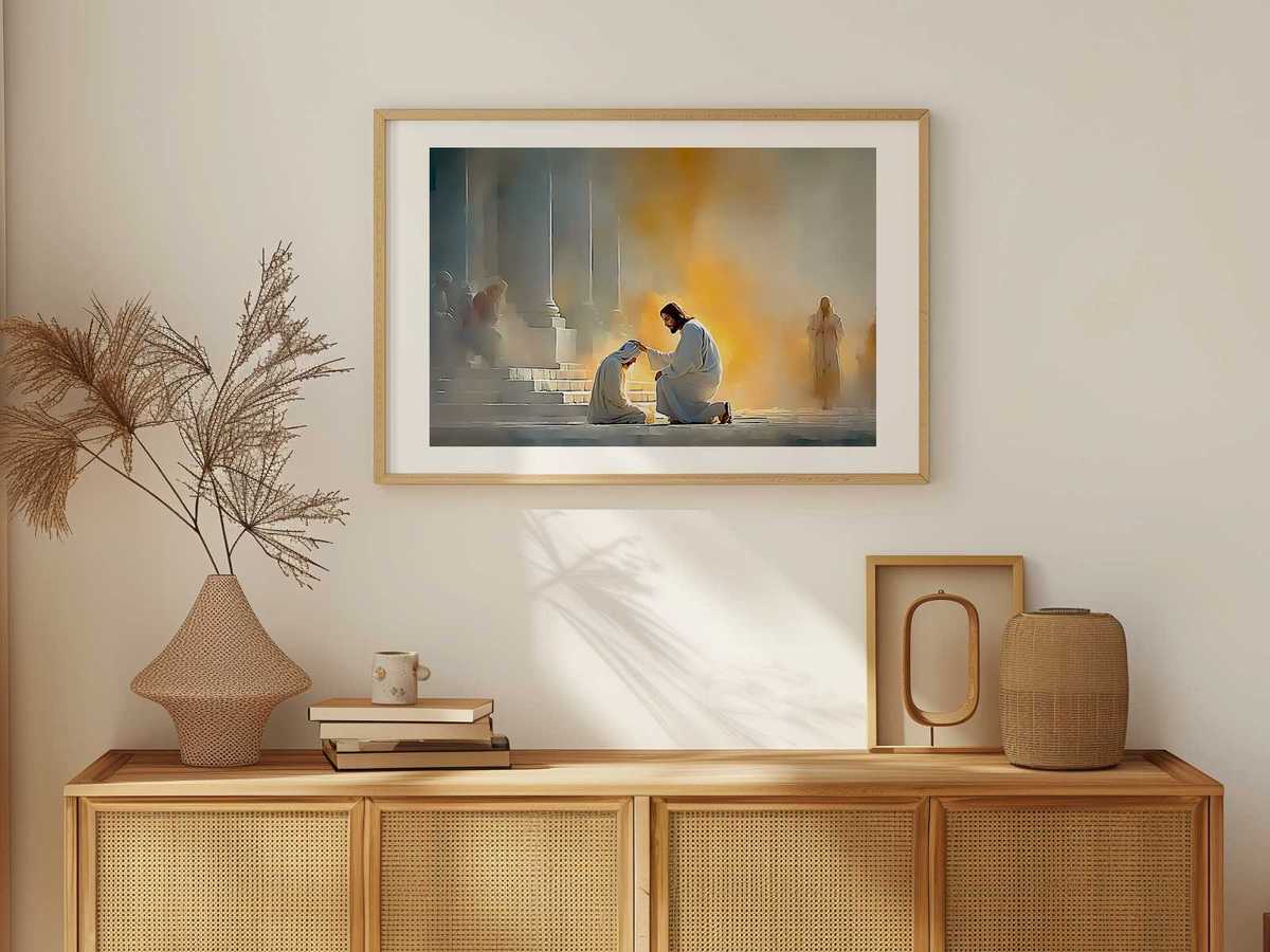 Wall art of a simple home prayer corner with an image of Jesus and soft rays of light filling the space